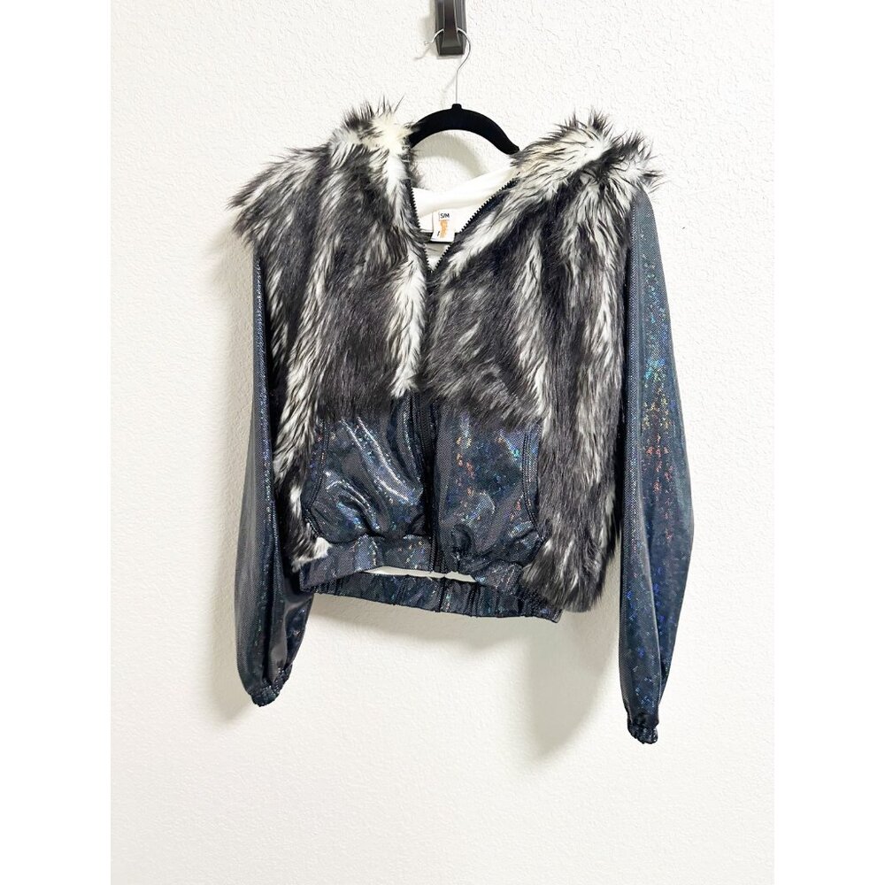 J. Valentine Faux Fur Hooded‎ Jacket Holographic Metallic Crop Zip Up Size S/M